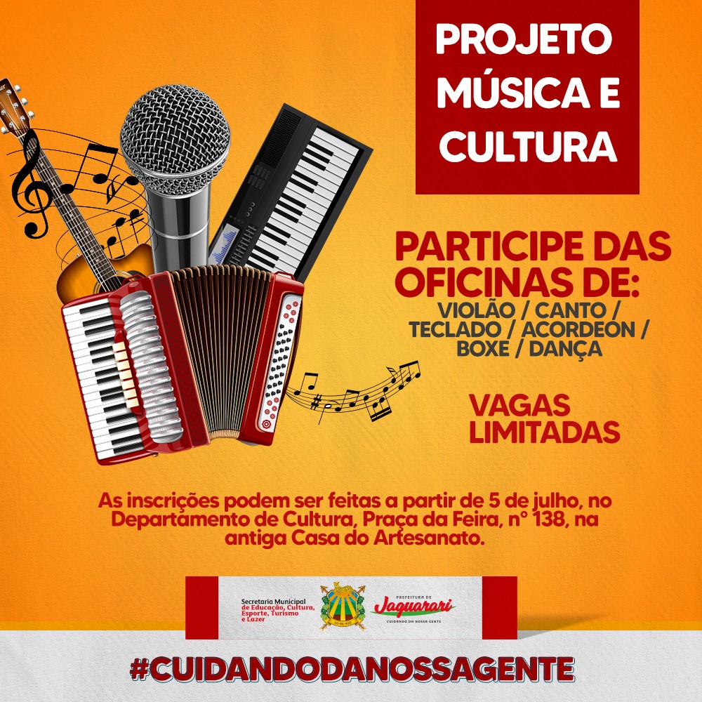 Departamento de Cultura de Jaguarari vai oferecer cursos  gratuitos de canto, instrumentos, dança e boxe para jovens e adultos